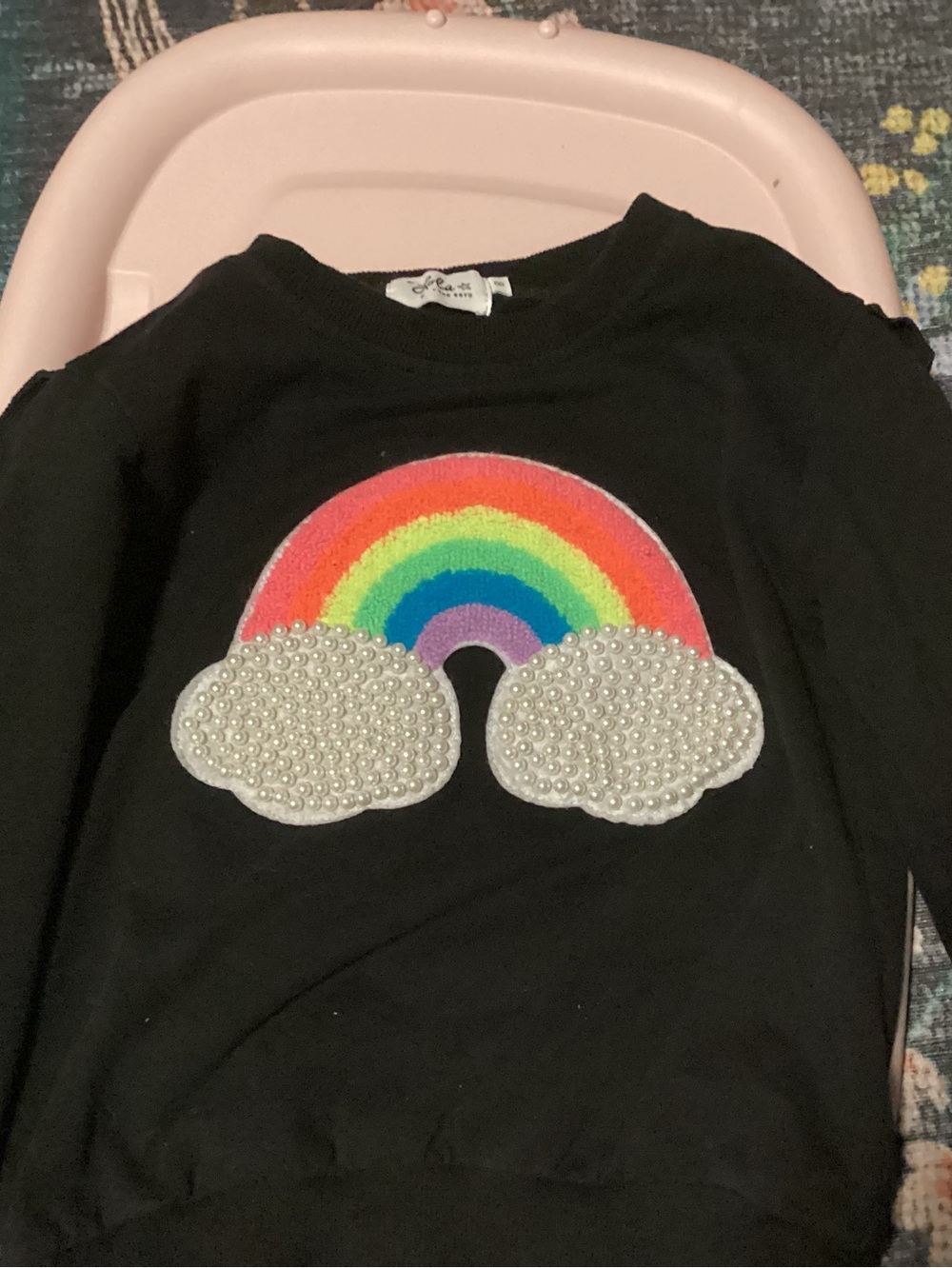 Girls' Black Rainbow Sweatshirt with Pearl Cloud Appliqués
